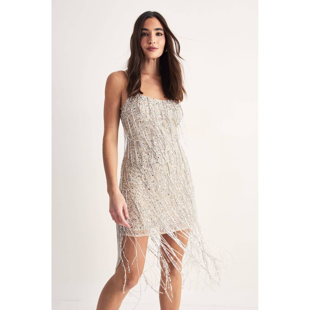 NWT Nasty Gal Mix Beaded Tassel Strappy Mini Dress Silver Sequin US 6 Glam Party